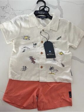 Ben Sherman Cream Beach Print Button-Up with Coral Shorts